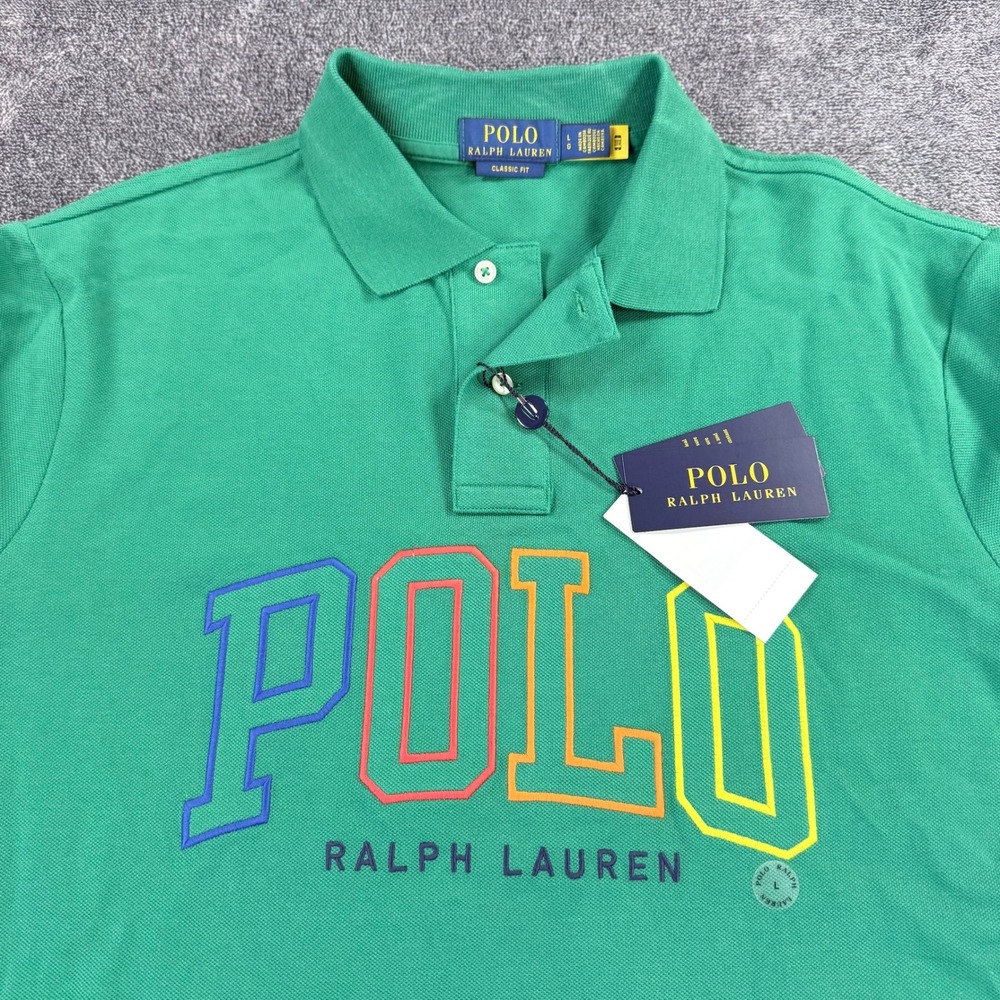 Polo Ralph Lauren Mens Green Classic Fit Multi Color Logo Polo Shirt Large NWT